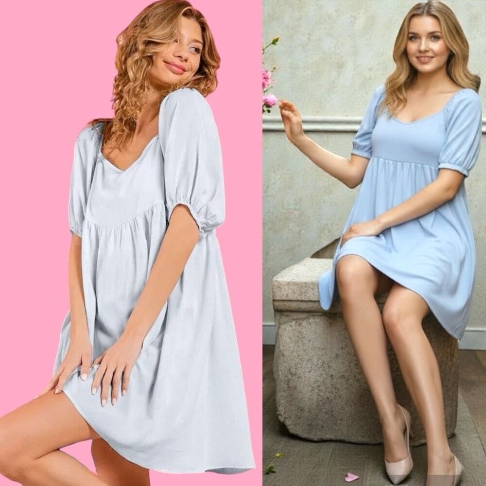 BiBi Mini Dress Blue Washed Linen Puff Sleeve Empire Waist NEW - Picture 3 of 11